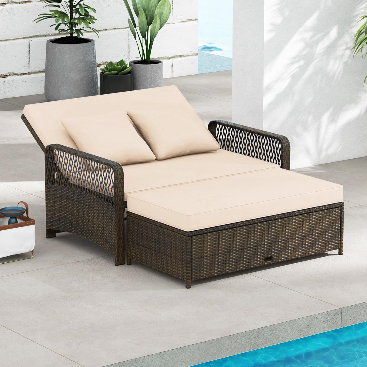 Tangkula Patio Adjustable Wicker Daybed, Rattan Loveseat & Storage Ottoman w/ 4-Level Backrest & Soft Cushions, Space-Saving 2-Person Sun Lounger for Backyard, Porch (Beige) Tangkula