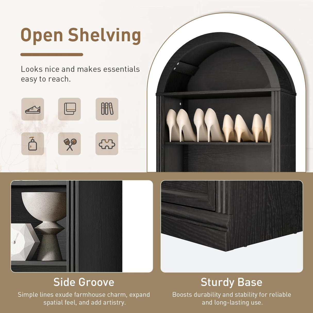 RALGEND Farmhouse Arched Bookshelf, 7 Tiers Arch Bookcase with 2 Spacious Drawers, Modern Book Shelf with Open Display Shelves and Storage Cabinet, for Office, Living Room, Kitchen, Black RALGEND