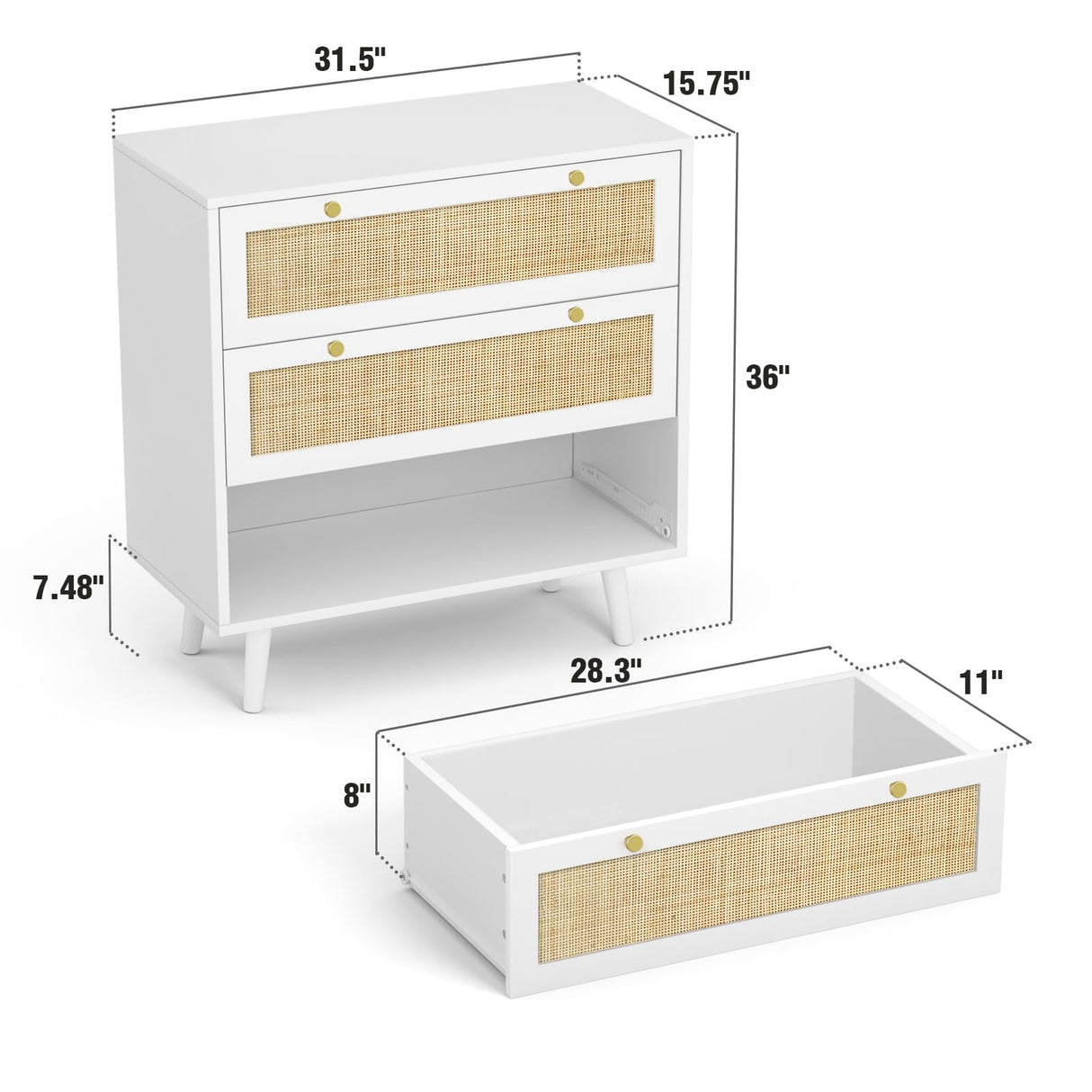 Anmytek Dresser for Bedroom with 3 Drawers, Modern Wood 3 Drawer Dresser, White Chest of Drawer with Spacious Storage Rattan Dresser for Bedroom Living Room H0072 Anmytek