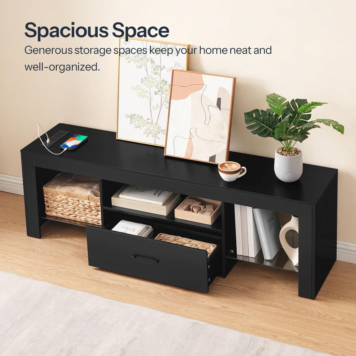 HOOBRO LED TV Stand with Power Outlets to 65 inch TV, Gaming Entertainment Center with Glass Shelves and Large Drawer, Modern Media TV Console Table for Living Room Bedroom, Black BB14UDDS01G1 HOOBRO