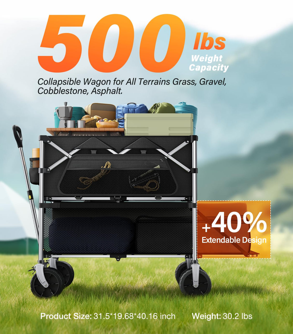 everyfun Pro Collapsible Wagon Double Decker,Wagons Carts Foldable,Heavy Duty Wagon Camping Sports Garden Grocery,Utility Wagon for All Terrain Black everyfun Pro