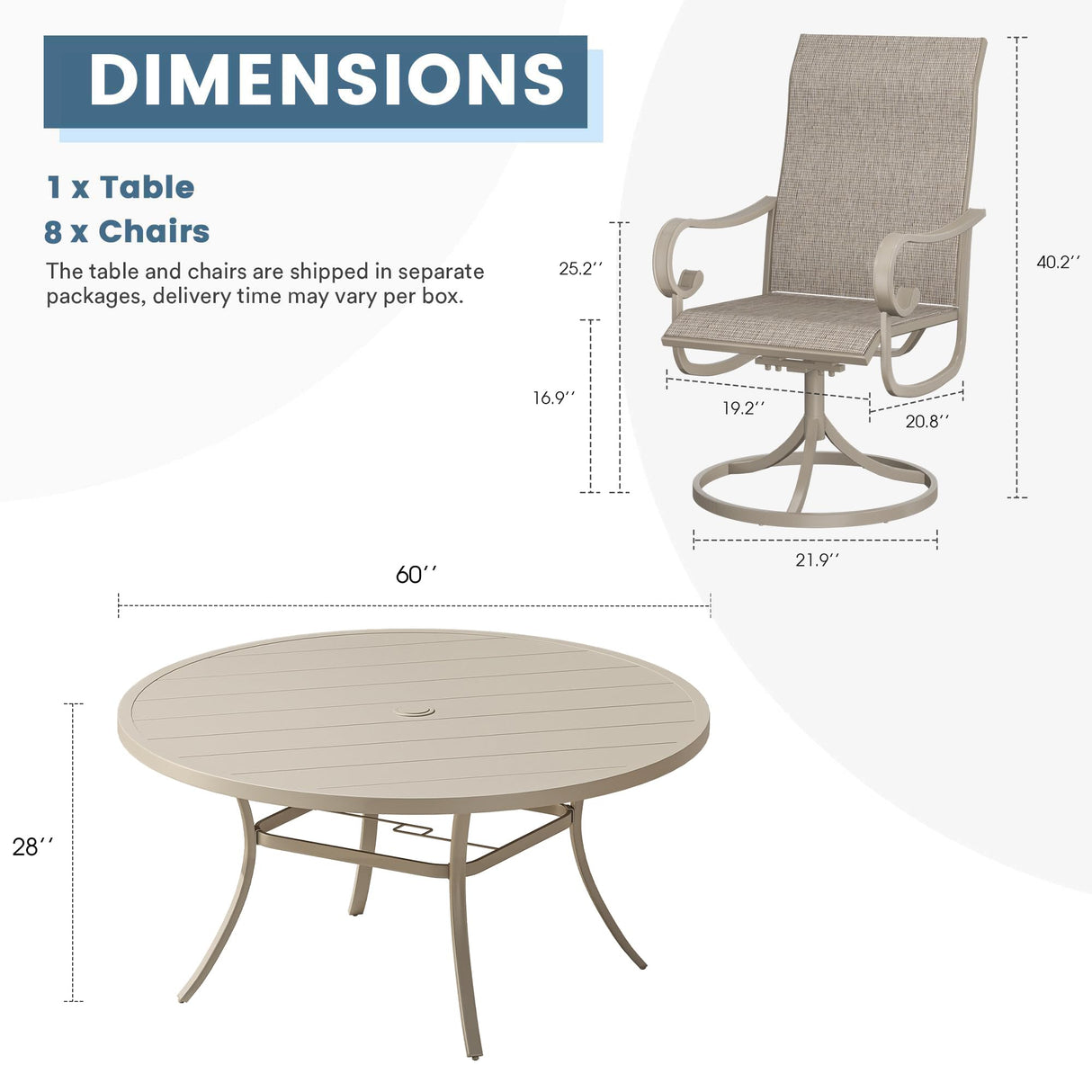 DIFY 9 Pieces Outdoor Patio Dining Set for 8, Swivel Dining Chairs with Sandshell Textilene and 60" Sandshell Round Metal Dining Table, Outdoor Table and Chairs for Lawn Garden Backyard Deck DIFY