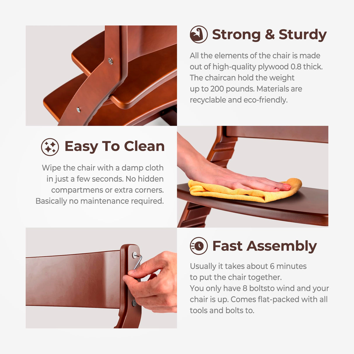 FORNEL Wooden High Chair for Babies and Toddlers - Adjustable Height Easy to Clean Toddler Highchair - Kids Dining Chair from 3 Years to 200 Lb, Grow with Child (Dark Walnut) Fornel