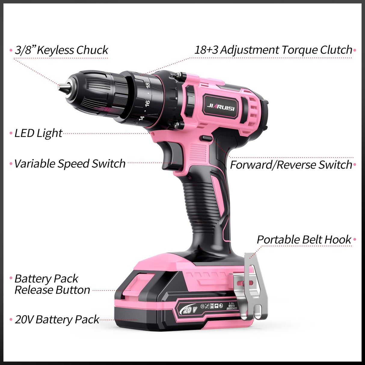 20V Cordless Drill, Electric Power Drill Set with Battery Charger, 3/8” Keyless Chuck, 2 Variable Speed, 18+3 Torque, 72pcs Driver Bits and Belt Hook, Pink JIARUISI