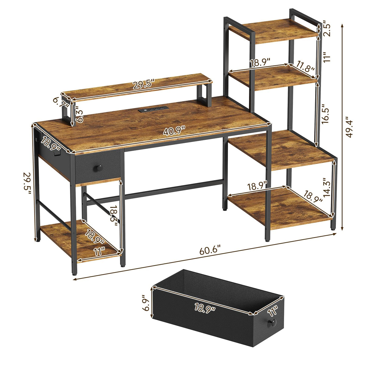 Creso hom Computer Desk with Printer Stand, 59" Office Table with Charging Station, Home Office Desk with LED and Monitor Stand, Reversible Desk for Study Writing Working Gaming, Rustic Brown Creso hom