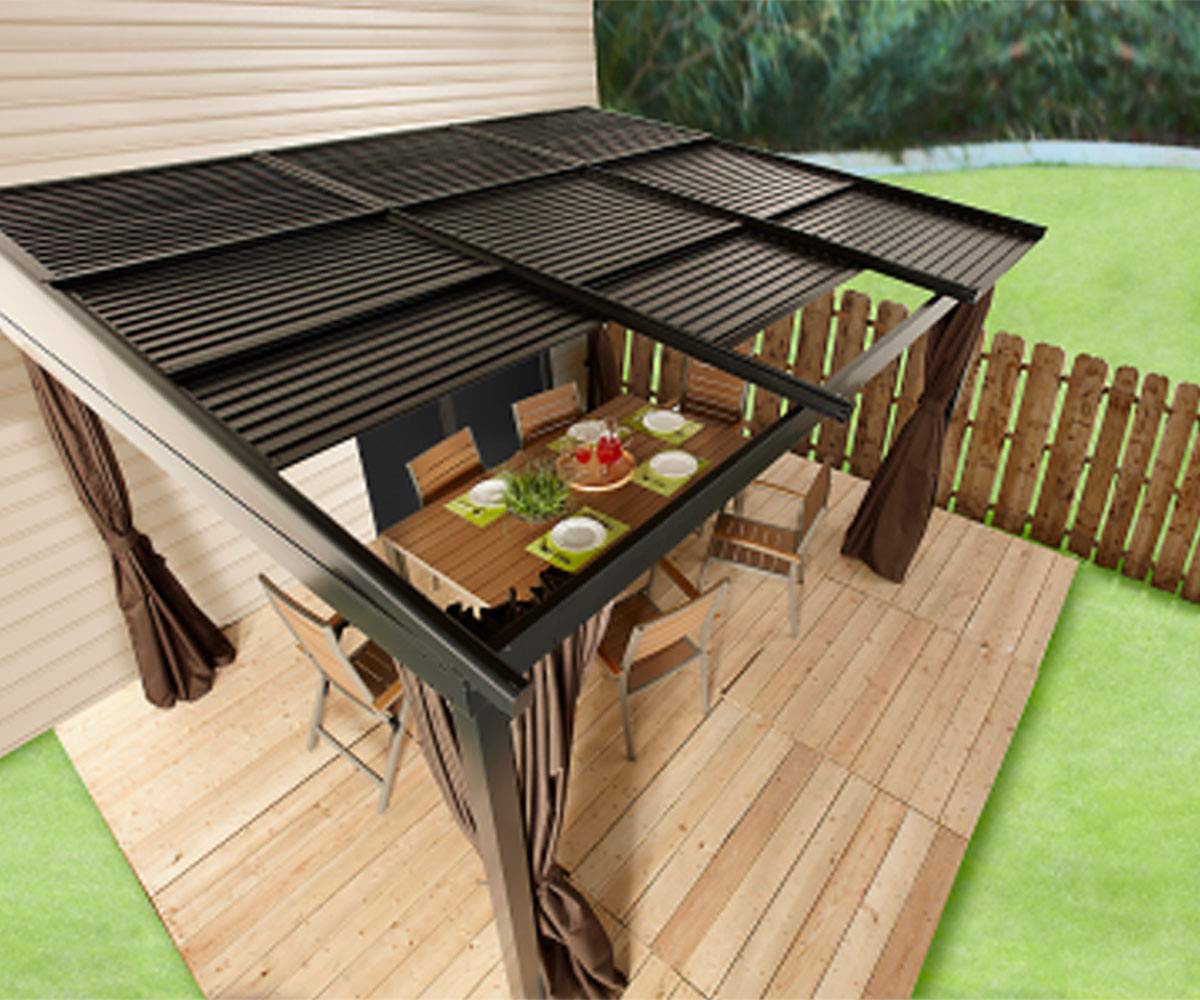 Sojag 10' x 12' Francfort Wall-Mounted Hardtop Gazebo Outdoor Weather-Resistant Aluminum Frame Sun Shelter Black,Brown Sojag