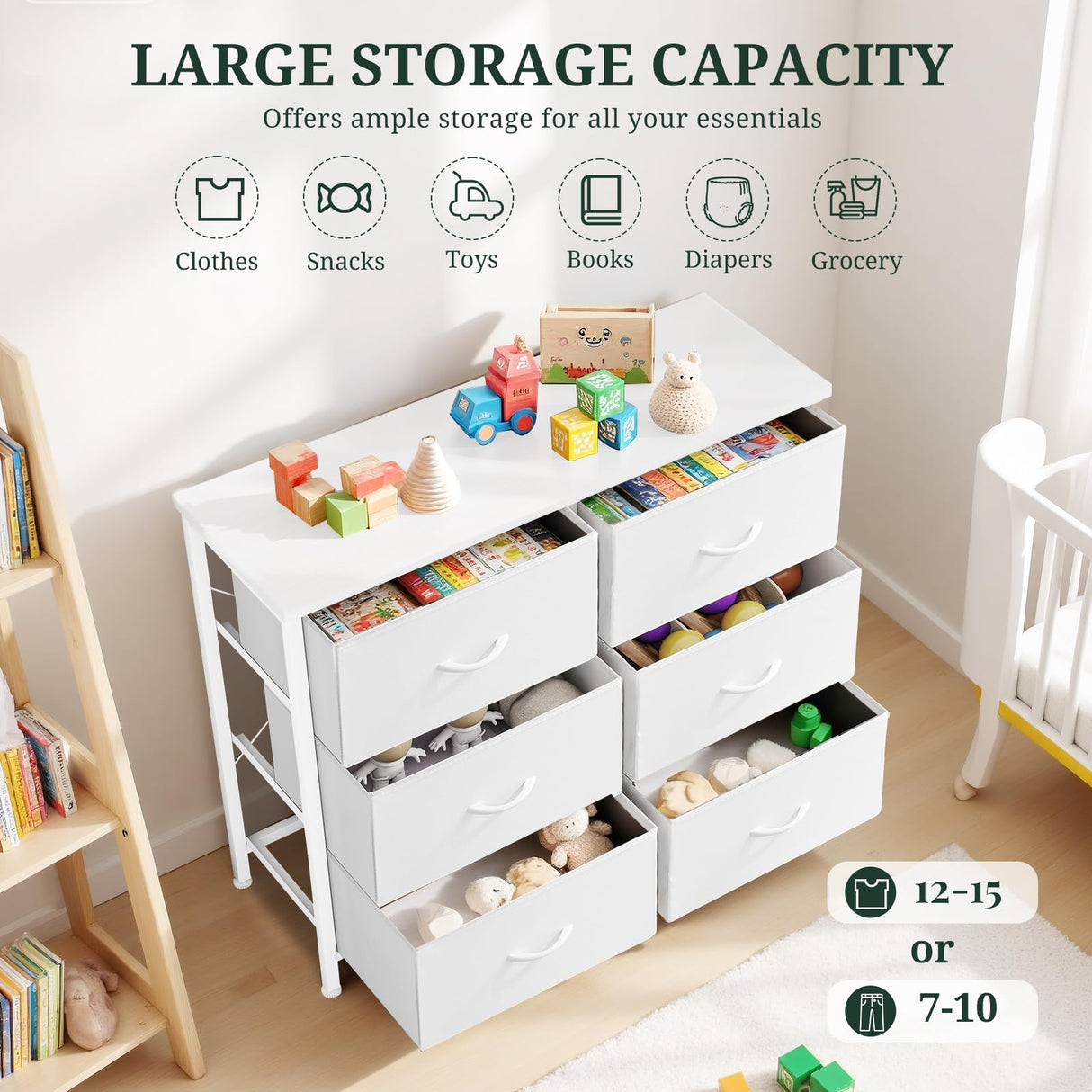 6-Drawer Dresser for Bedroom, Anti-Tip Wide Storage Organizer Chest of Drawers with Wooden Top and Metal Frame Fabric Bins for Closet, Living Room, Hallway, Entryway, White SageNest