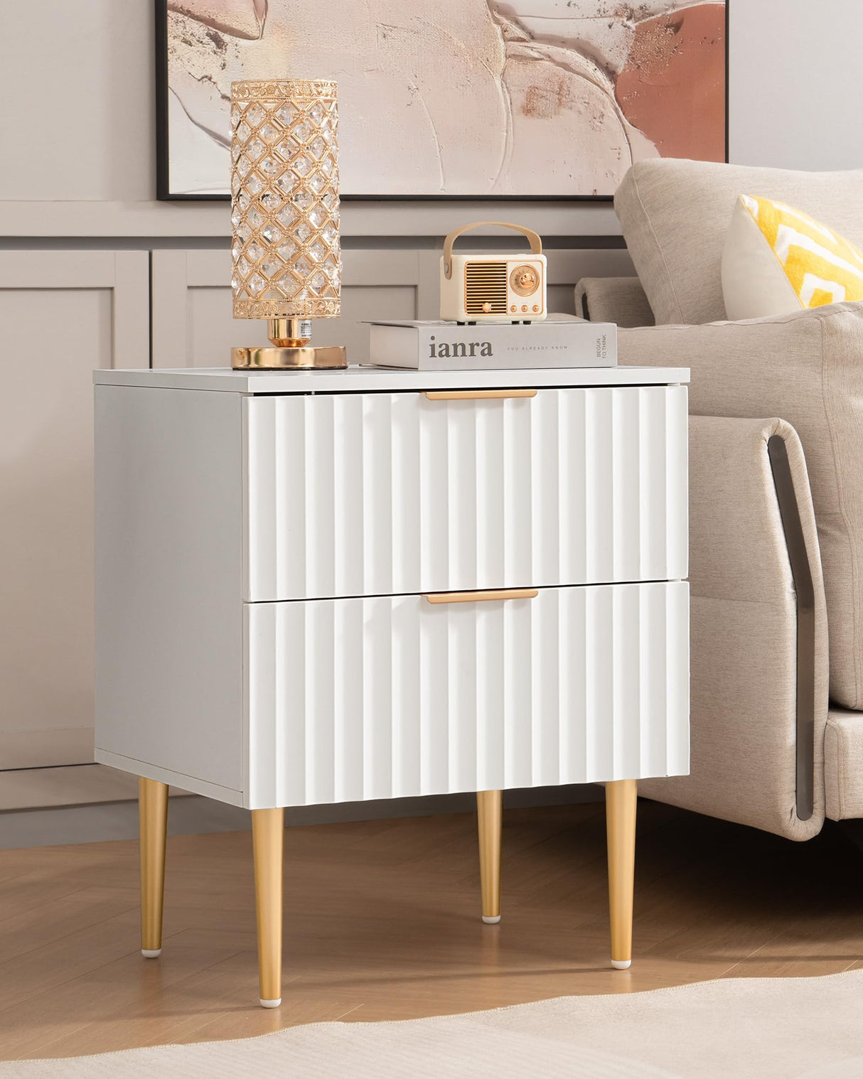 SICOTAS White Night Stand Set 2, Wide Fluted Nightstand with 2 Drawers, Modern Glossy Storage Bedside Table for Bedroom, End Side Table with Golden Metal Legs and Handles(2, White) SICOTAS