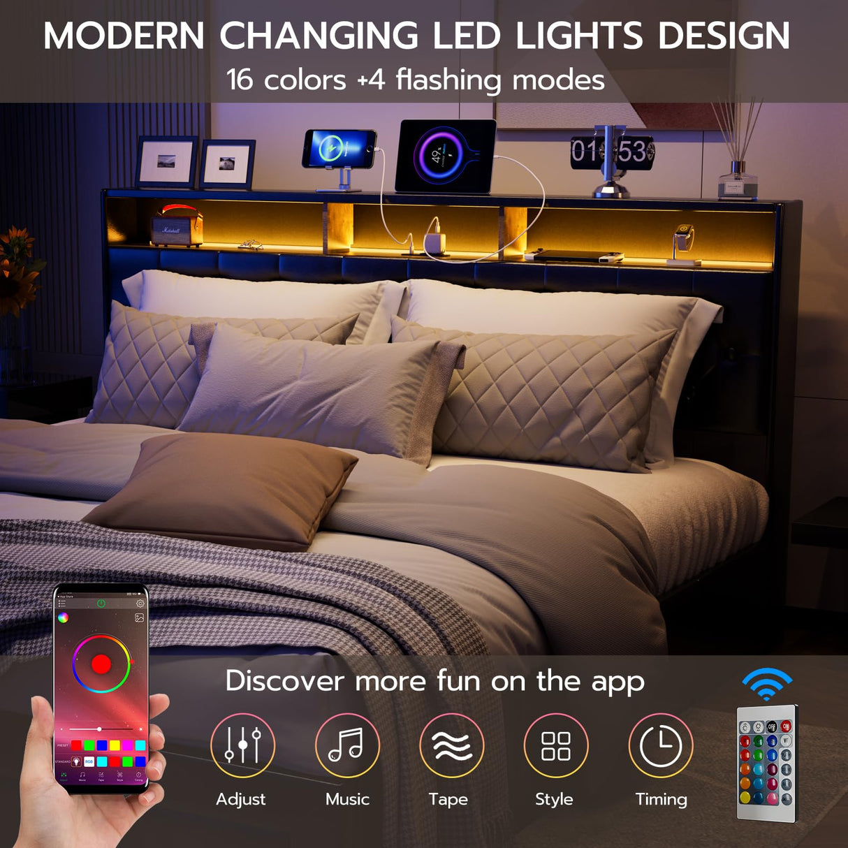 IKIFLY King Size Upholstered Bed Frame with Charging Station, 4 Storage Drawers & LED Lights IKIFLY