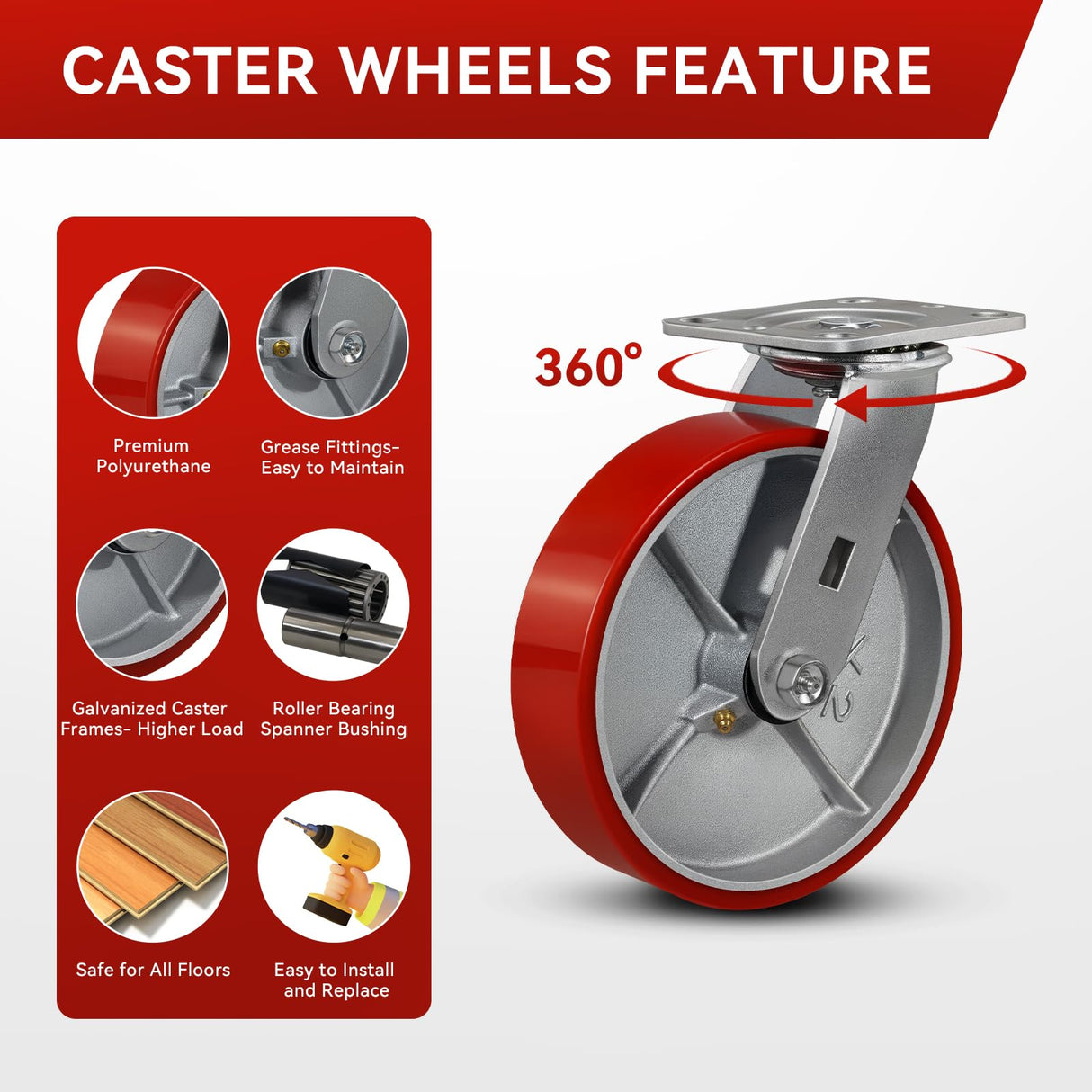 FOVERSWIVE 8"x2" Industrial Casters- Heavy Duty casters,Polyurethane Casters Wheel,Capacity up to 6000 Lb. Use for Platform Truck, U-Boat Cart,Workbenches(2 Swivel & 2 Rigid) FOVERSWIVE