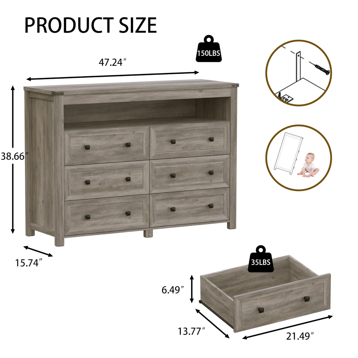 Dresser for Bedroom with 6 Drawers, Wide Chest of Drawers with LED Light and Power Outlet, Wooden Closet Organizer Clothes Storage Cabinet, Modern Double Dressers for Living Room, Hallway, Grey Xixini