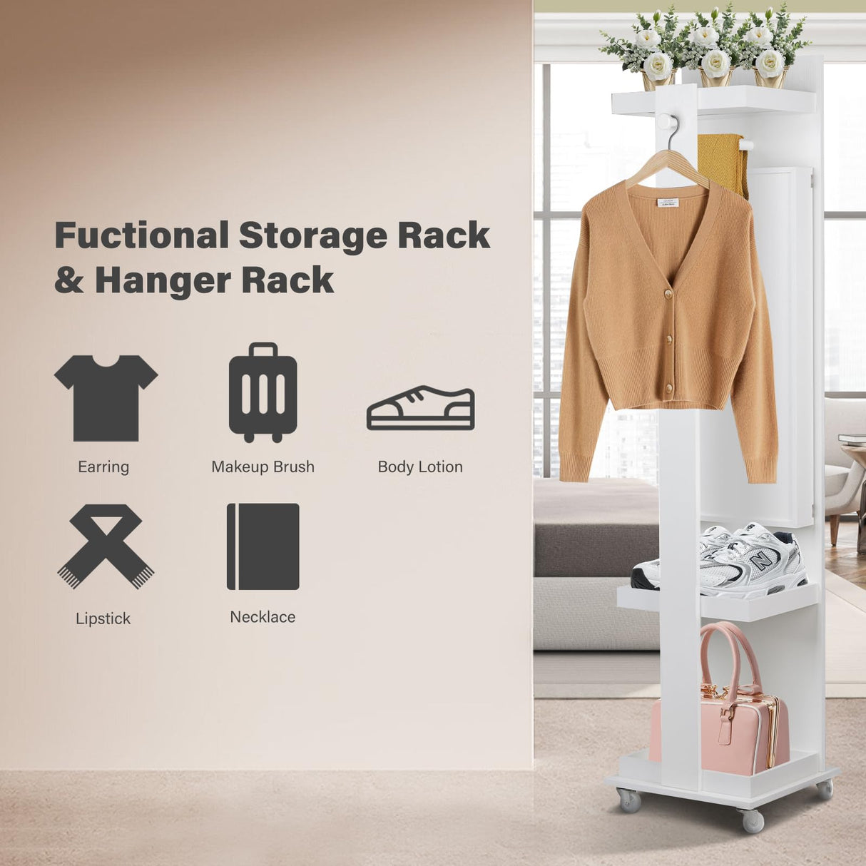 BOSTANA Jewelry Organizer, Push-Pull Jewelry Armoire Mirror with Storage Shelves Coat Rack, 360° Swivel Mirror Jewelry Cabinet Standing with Full Length Mirror, Gift Idea, White BOSTANA