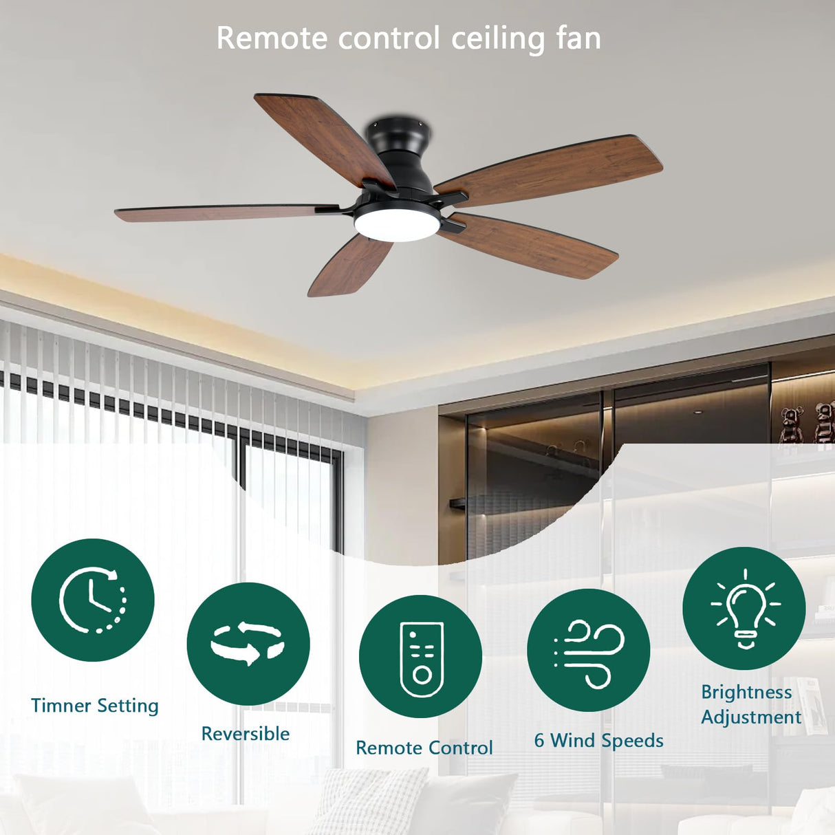 NKPU 52inch Ceiling Fans with Lights, Low Profile Ceiling Fan with Light and Remote/APP Control, DC Reversible Motor, Noiseless, Flush Mount, Brown Ceiling Fan for Bedroom Indoor/Outdoor Use NKPU
