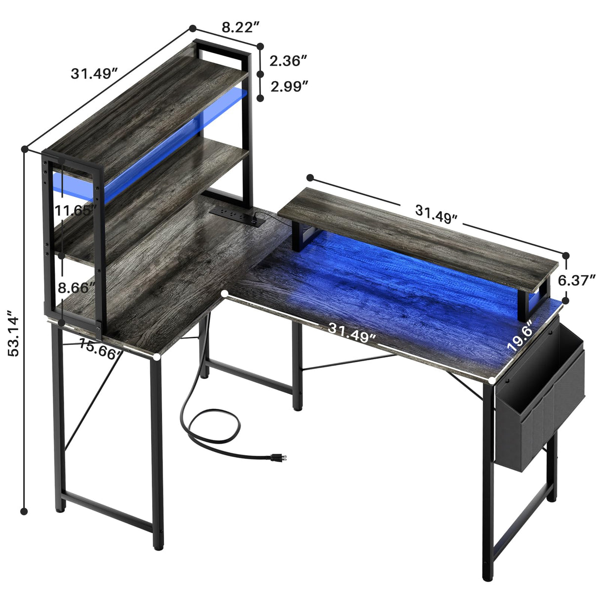 Homieasy 47 Inch L Shaped Computer Desk with Bookshelf & LED Light, Reversible Corner Gaming Station in Black Oak Homieasy