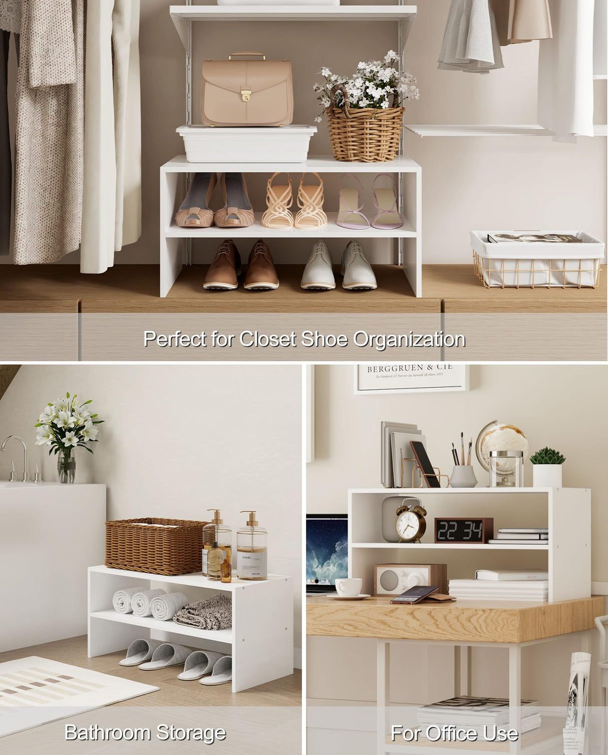 LOWOSA 2-Tier Stackable White Shoe Rack, Wooden 2-Shelf Shoe Organizer Freestanding Shoe Storage Stand for 6-9 Pairs, Perfect for Closet, Entryway, Office Use - Modern White LOWOSA