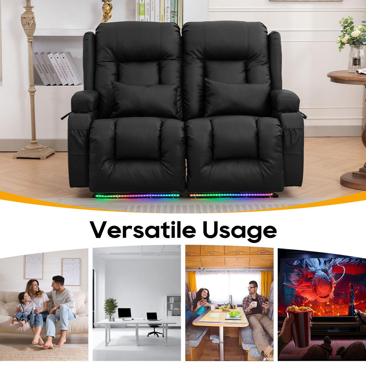 IPKIG 54" Power Loveseat Recliner Sofa, Electric Home Theater Seating with Massage Heat/4 Colors Ambient Lights/USB Port/Side Pocket/Cup Holder for Living Room, Bedroom, Home (Black, 2 Seater) IPKIG