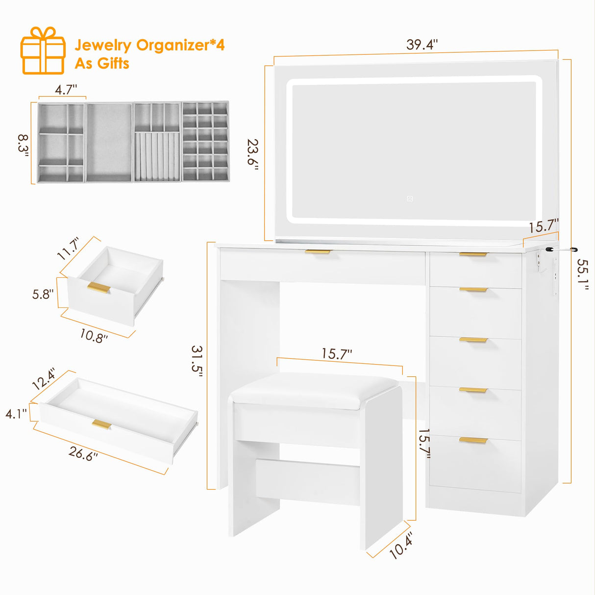 ANWBROAD 39.4" Makeup Vanity Desk with Glass Top & Power Outlet for Girls Women White Modern UBDT79W ANWBROAD
