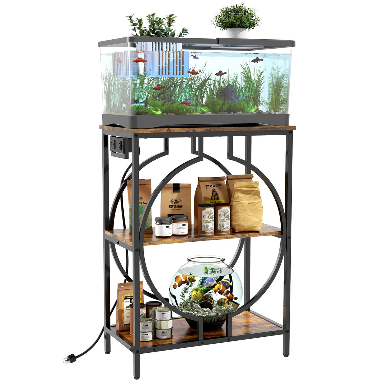 HavenlyYouth 10 Gallon Aquarium Stand with Power Outlet, 3 Tier Heavy Duty Metal Fish Tank Stand with Storage, Fish Tank Table for Home Office, 21.3" x 11.8" x 29", Rustic Brown HavenlyYouth