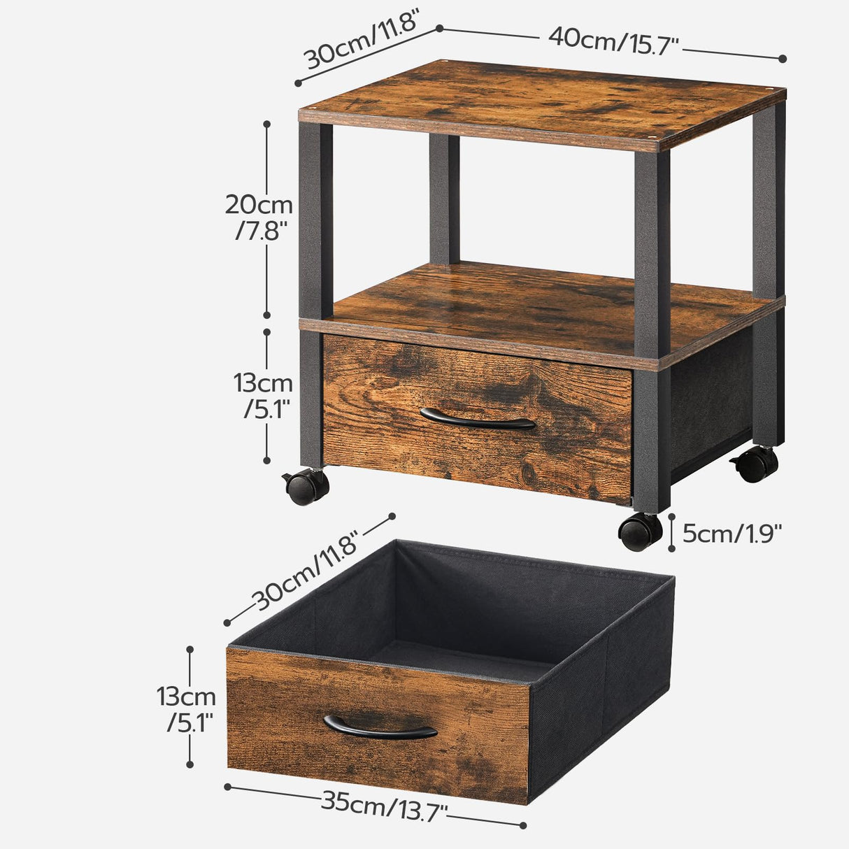 HOOBRO Printer Stand, Printer Stand with Storage, Under Desk Printer Table, Printer Cart with Drawer and Shelves, Rolling Small Printer Stand on Wheels, for Office, Rustic Brown and Black BF39PS01 HOOBRO