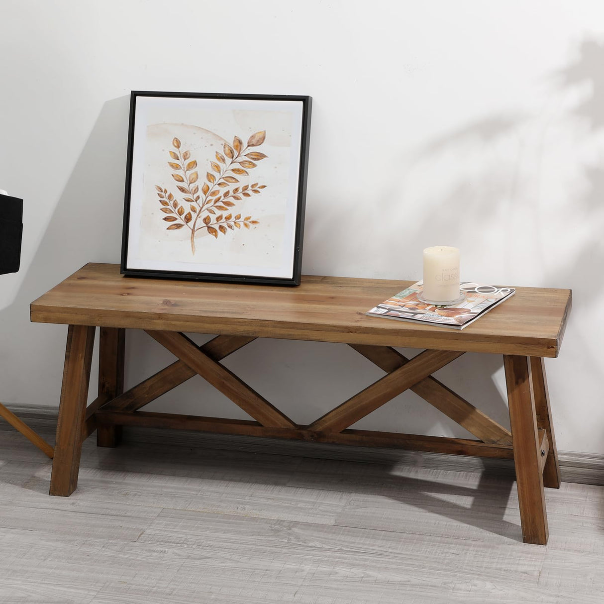 Wnutrees 43" Farmhouse Wood Bench, Rustic Solid Wood Entryway Bench Seat with Double X-Structure for Dining Room, Living Room, Hallway, Bedroom, Structural Stability, Natural Wnutrees