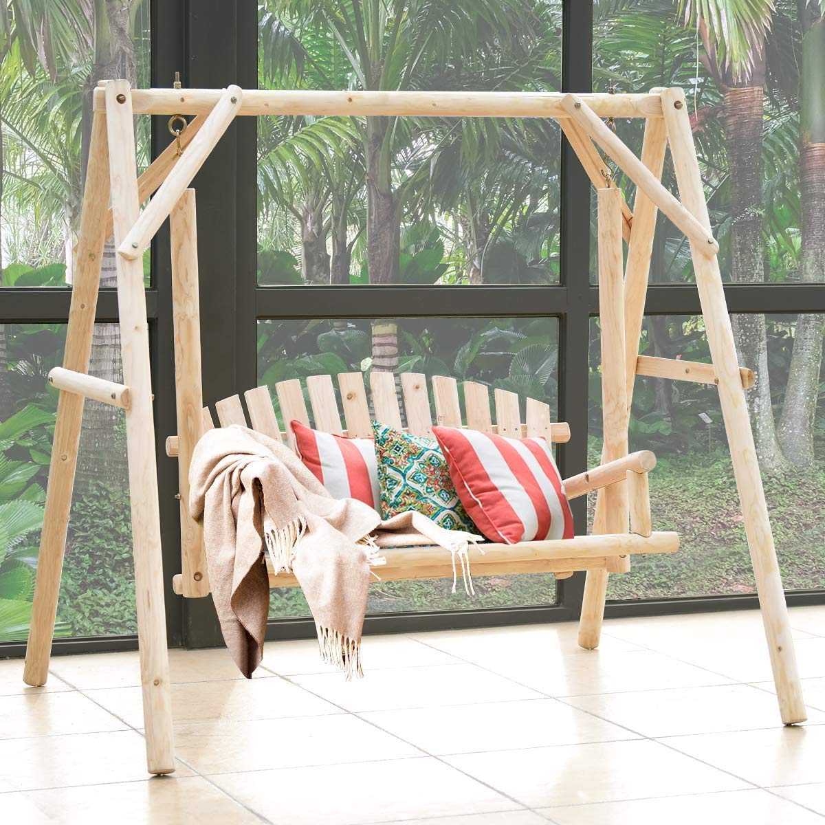 S AFSTAR Porch Swing, Outdoor Wooden Swing with A-Frame for 2 Person, Rustic Hardwood Swing Chair for Patio Garden Yard, 6.5' Wooden Swing Bench for Adult Senior Toddler, Natural S AFSTAR