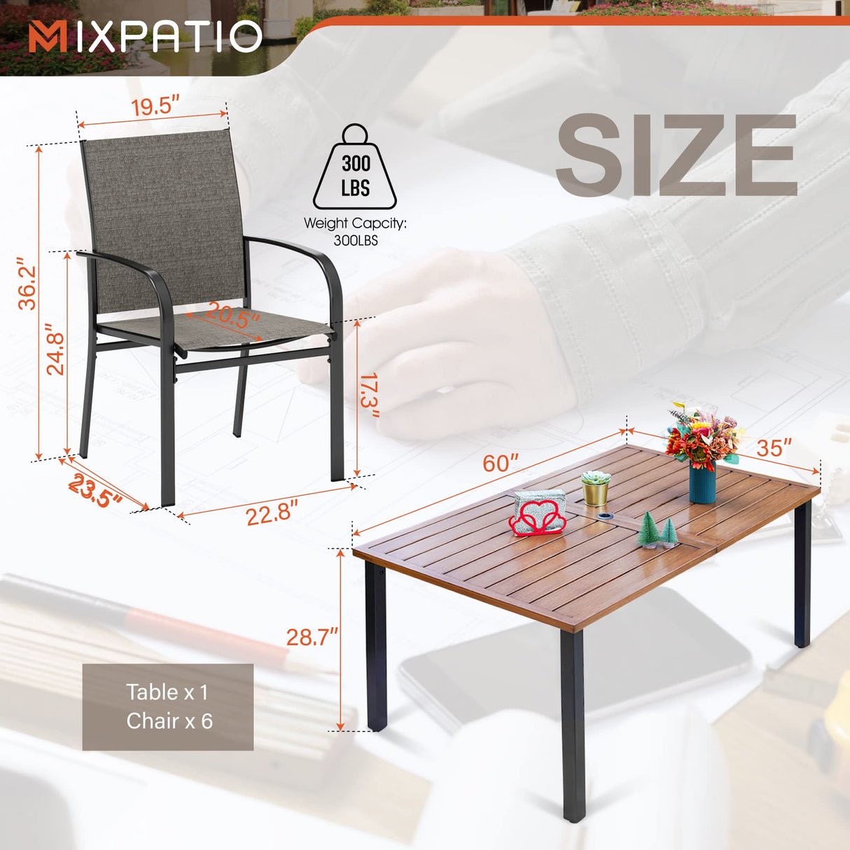 MIXPATIO 7-Piece Outdoor Dining Set 6 Brown Textilene Chairs and Teak Color Tabletop Outdoor Dining Table with 1.57"~2" Umbrella Hole for Deck Garden Backyard MIXPATIO