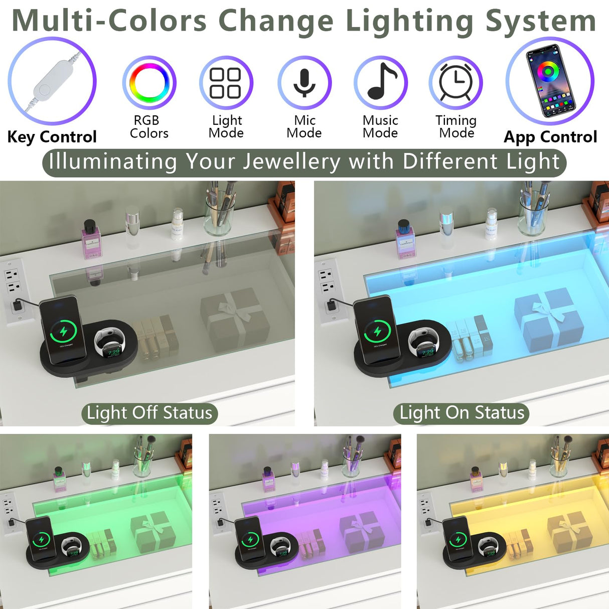 Gyfimoie 8 Drawer Dresser with Glass Top & Power Outlet, White Dresser for Bedroom with LED Light, Modern Chest of Drawer Double Wide Drawers Organizer Cabinet for Bedroom, Living Room (White) Gyfimoie