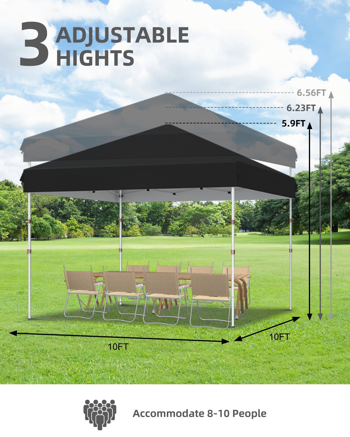 10x10 Pop Up Canopy with Humanization One Button Push Setup - Heavy Duty Outdoor Canopy Tent with Portable Roller Bag - 3 Adjustable Height, 4 Weight Bags, 8 Stakes & 4 Guy Ropes Included, Black GarveeLife