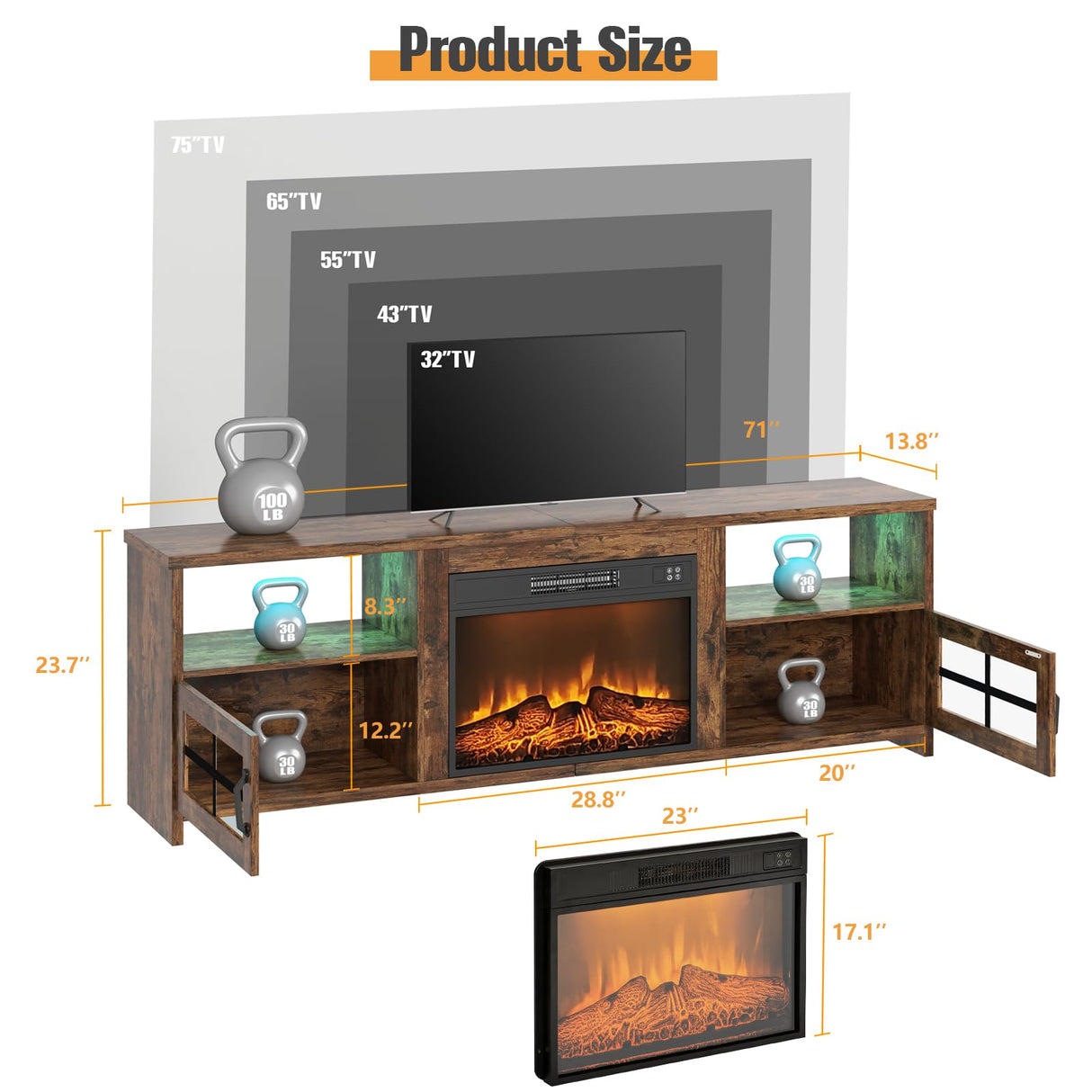 Livofloral Fireplace TV Stand for 75 Inch TV with LED Lights, Entertainment Center with 23” Electric Fireplace, LED TV Console Table with Open Storage Shelves & Cabinets for Living Room, Brown Livofloral