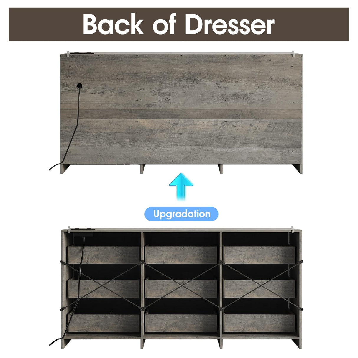 Fameill Dresser for Bedroom, 9 Drawer Wide Dresser Organizer with Charging Station, Tall Dresser for Hallway, Wood Dresser with Metal Handles, Ash Grey Fameill