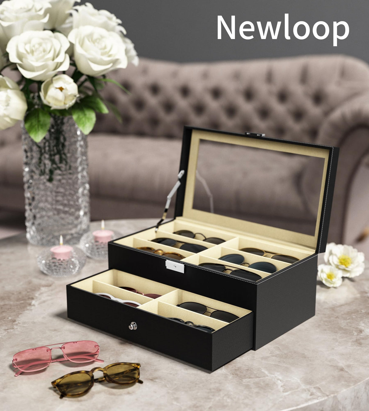 NEWLOOP Sunglasses Case Storage Organizer - Sunglass Organizer See-through Display Case Multiple Pairs Glasses Holder Stand 2-layer Eyeglass Jewelry Watch Collection Box with 12 Slot NEWLOOP