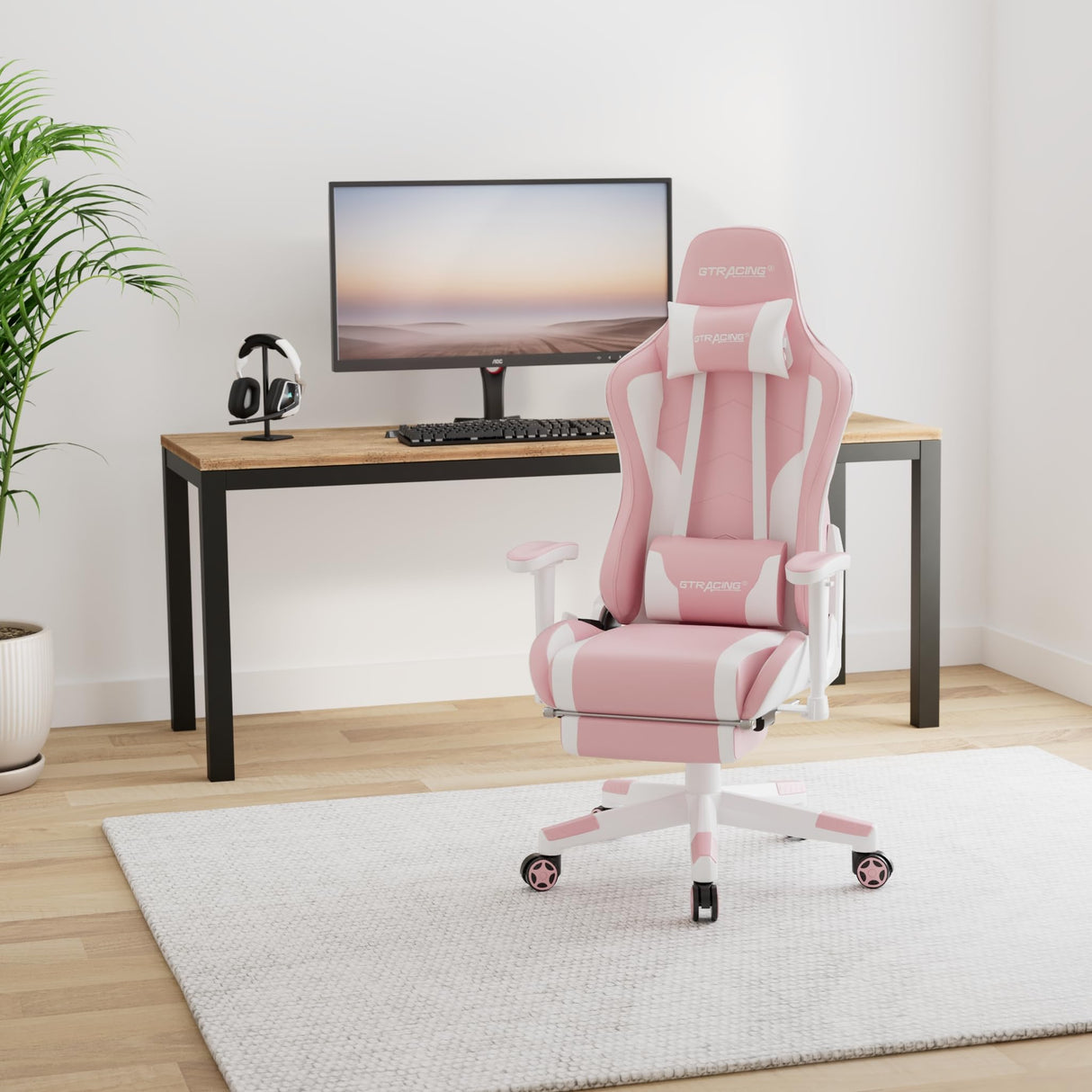 GTRACING Gaming Chair with Footrest Speakers Video Game Chair Bluetooth Music Heavy Duty Ergonomic Computer Office Desk Chair (Pink) GTRACING