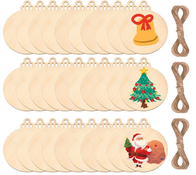 60Pcs Wood Slices,3.5" Wooden Christmas Ornaments,Unfinished Predrilled Wood Circles for Crafts Centerpieces,DIY Round Wooden Discs Hanging Decorations (3.5 Inches-60)