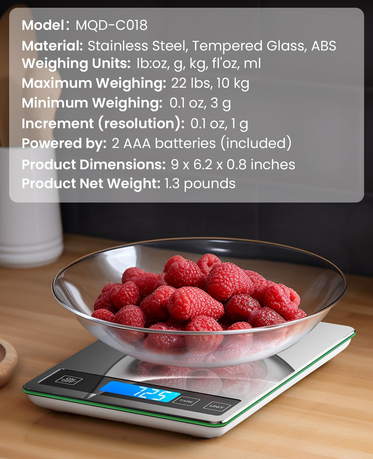 Nicewell Food Scale, 22lb Digital Kitchen Scale Weight Grams and oz for Cooking Baking, 1g/0.1oz Precise Graduation, Stainless Steel and Tempered Glass (Ash Silver) Nicewell
