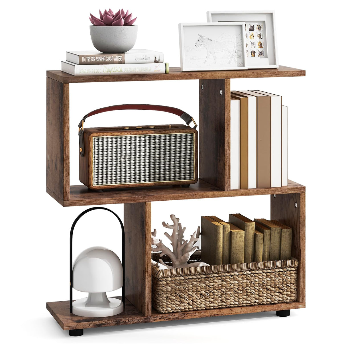 LOKO 3-Tier Geometric Bookshelf, S-Shaped Open Bookcase, Freestanding Decorative Storage Shelving, Home Storage Organizer for Living Room, Bedroom, Home Office (1, Rustic Brown) LOKO