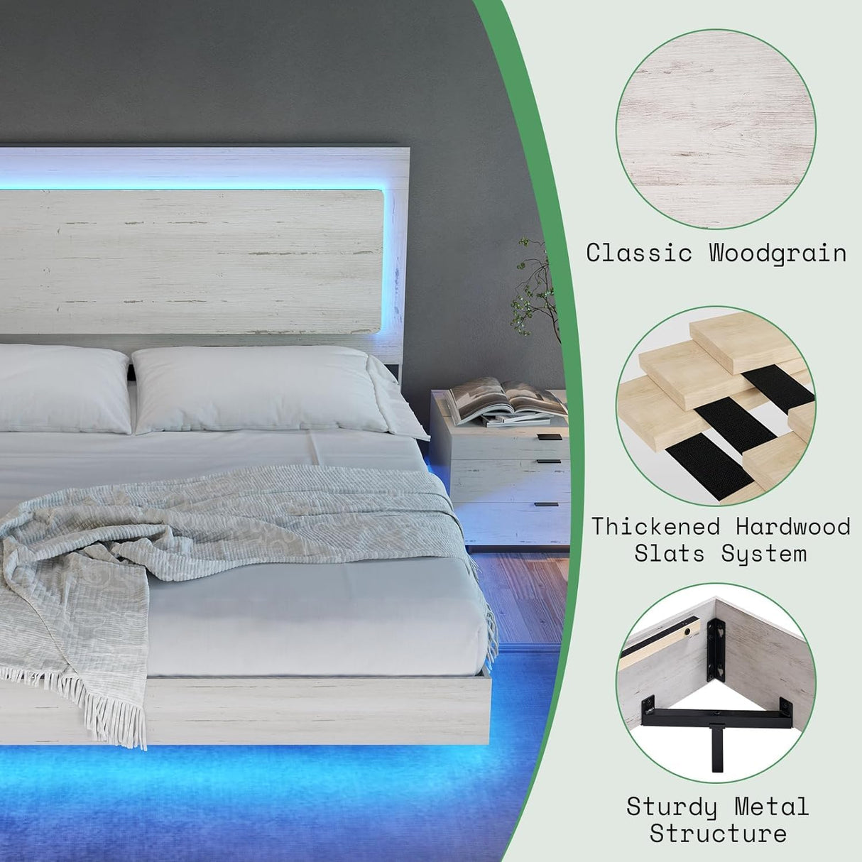 AMERLIFE Distressed White Floating Queen Bed Frame with Reclining Headboard and RGB LED Lighting AMERLIFE
