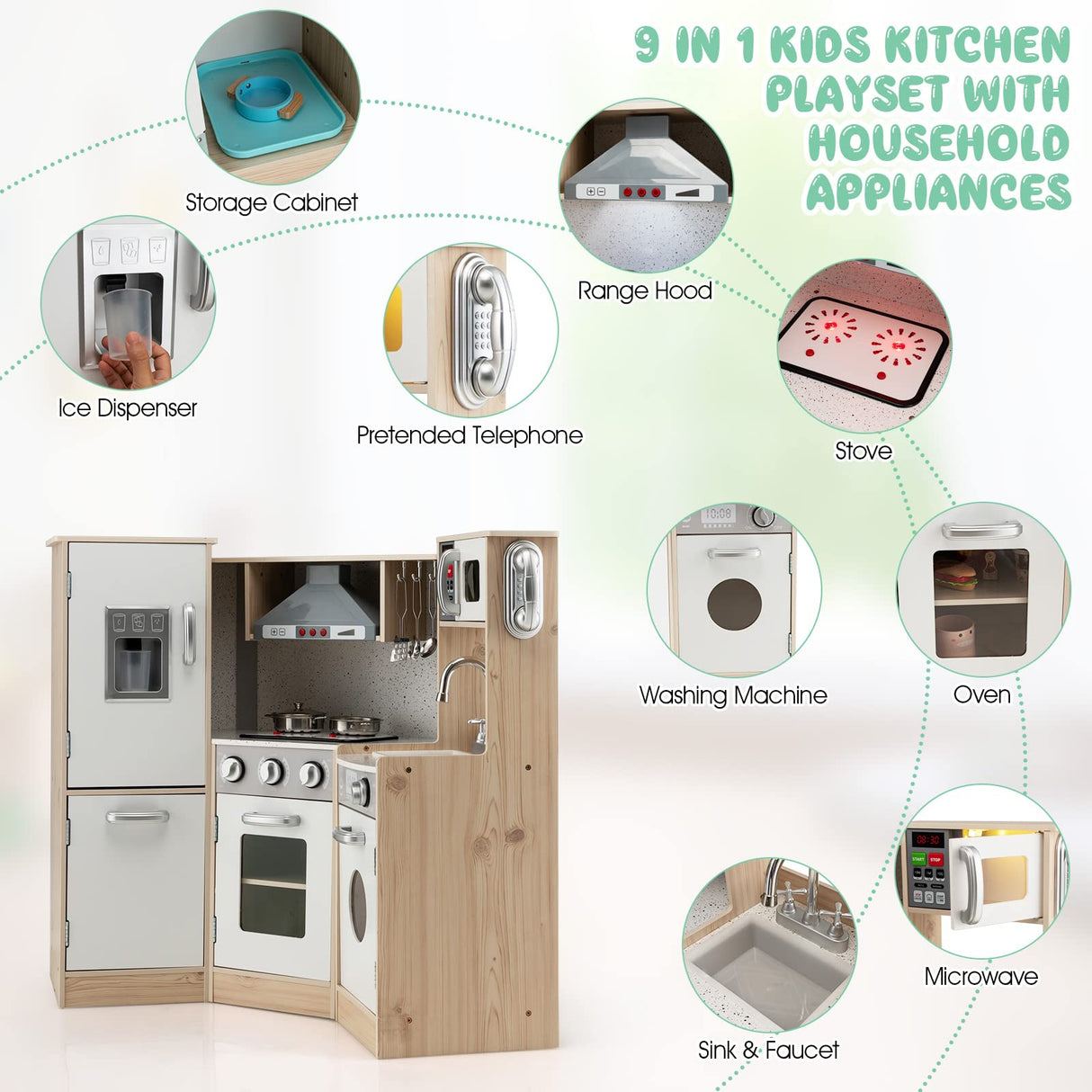 Costzon Kids Kitchen Playset, 9-in-1 Wooden Pretend Play Kitchen Toy Set w/Realistic Light & Sound, Ice Maker, Washing Machine, Microwave, Oven, Stove, Ice Cube Dispenser, Utensils, Sink Costzon