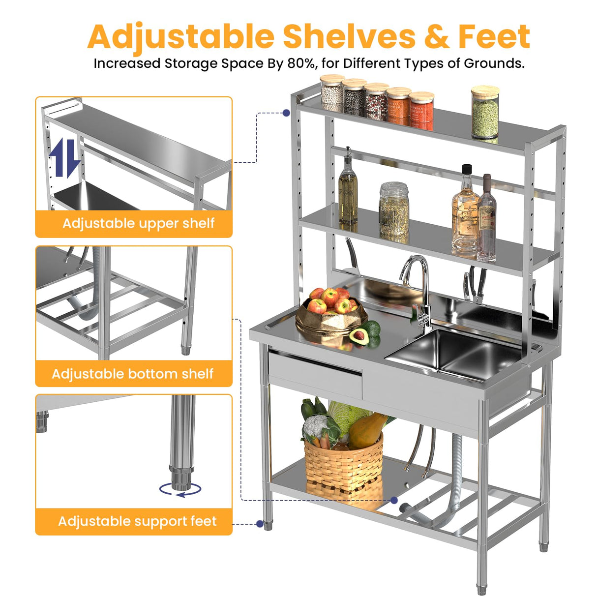 Toemics 39'' Stainless Steel Utility Sink, Free Standing Commercial Single Bowl Sink with Left Drawer & Shelves & Cold and Hot Water Pipe, Indoor and Outdoor Sink for Laundry Room, Garage, Kitchen Toemics