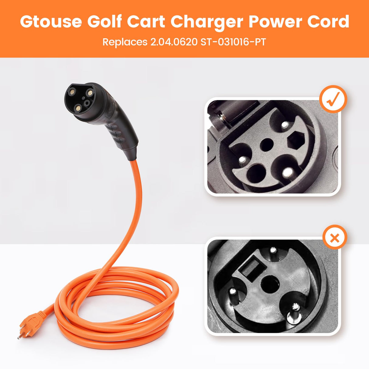 Gtouse Golf Cart Charger Power Cord Golf Cart Charging Cable Replacement Fits for Evolution ICON EV Golf Carts 120V Charging Power Cord Replaces 2.04.0620 Golf Cart Accessories Gtouse