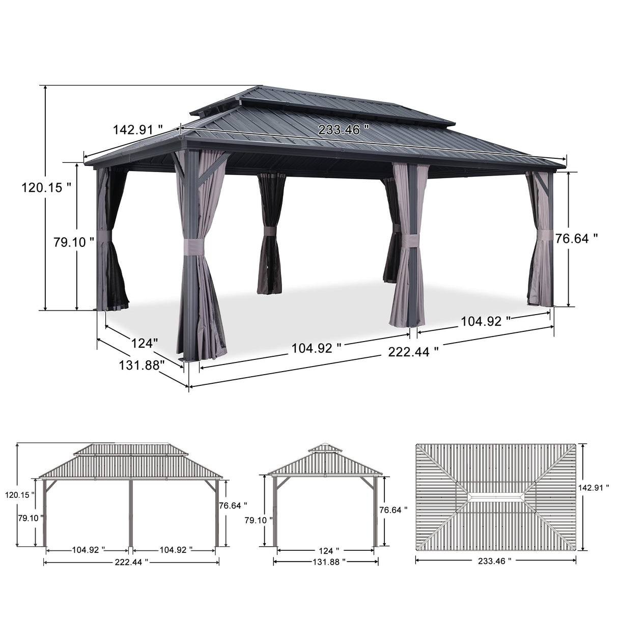 PURPLE LEAF 12' X 20' Patio Hardtop Gazebo Outdoor Pavilion Gazebo with Galvanized Steel Double Roof for Patio Lawn Garden Aluminum Gazebo with Mosquito Nets and Curtains Grey PURPLE LEAF