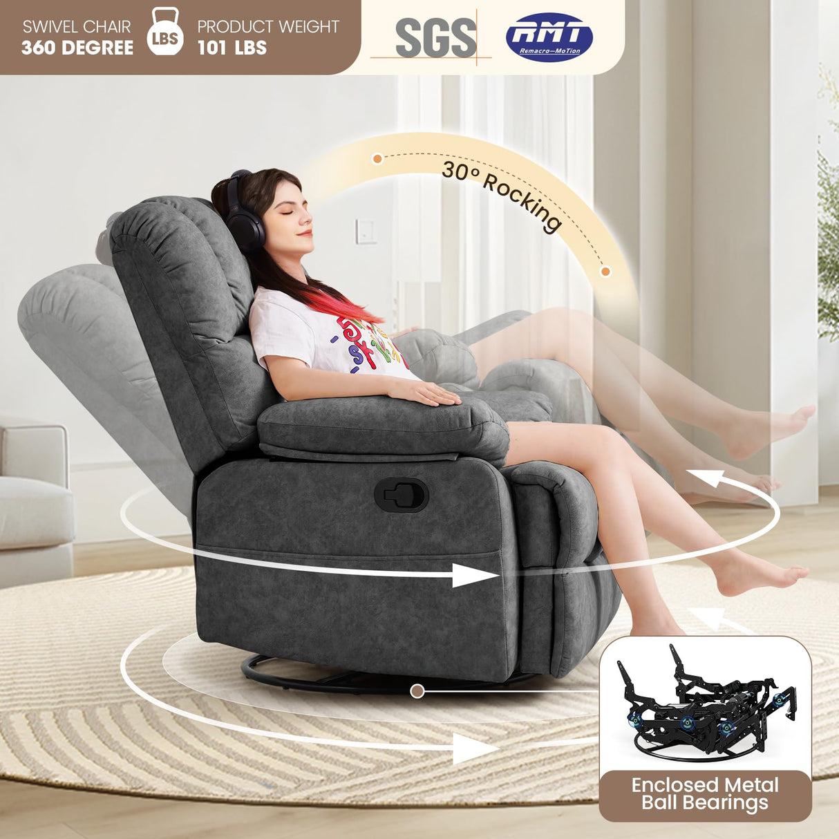 Oversized Recliner Chair,360°Swivel Rocker Recliner for Big Man,Extra Wide Manual Recliners,Overstuffed Soft Rocking Sofa Chair for Living Room,High Back,Large Footrest(Gray) Generic