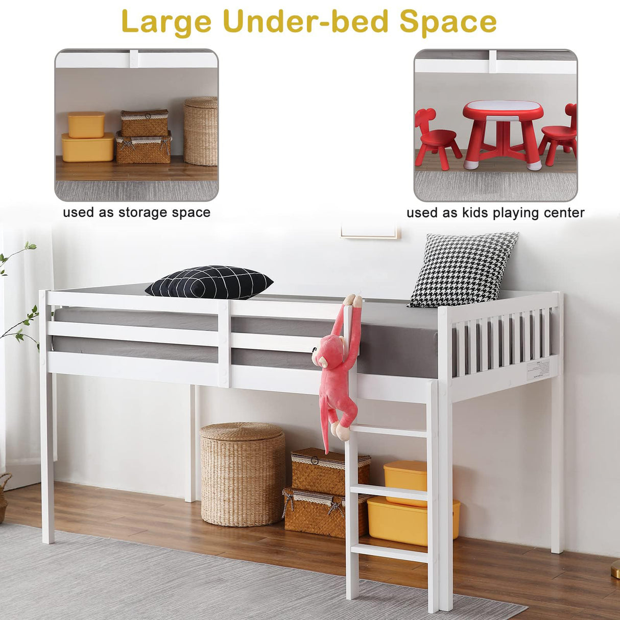 JOYMOR Low Loft Bed Twin Size, Wood Loft Bed Frame for Kids Junior Adults with Full-Length Guardrail and Ladder (Low Loft) JOYMOR