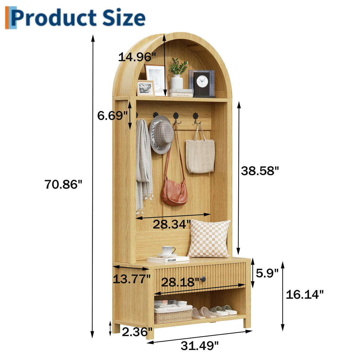 LSKTGA 70.86-inch Entryway Hall Tree, Farmhouse-Style Wooden Coat Rack Freestanding, Entryway Organizer with Four Hooks, Standing Shoe Rack with Bench for Hallways, Foyers, and Living Rooms, Natural LSKTGA