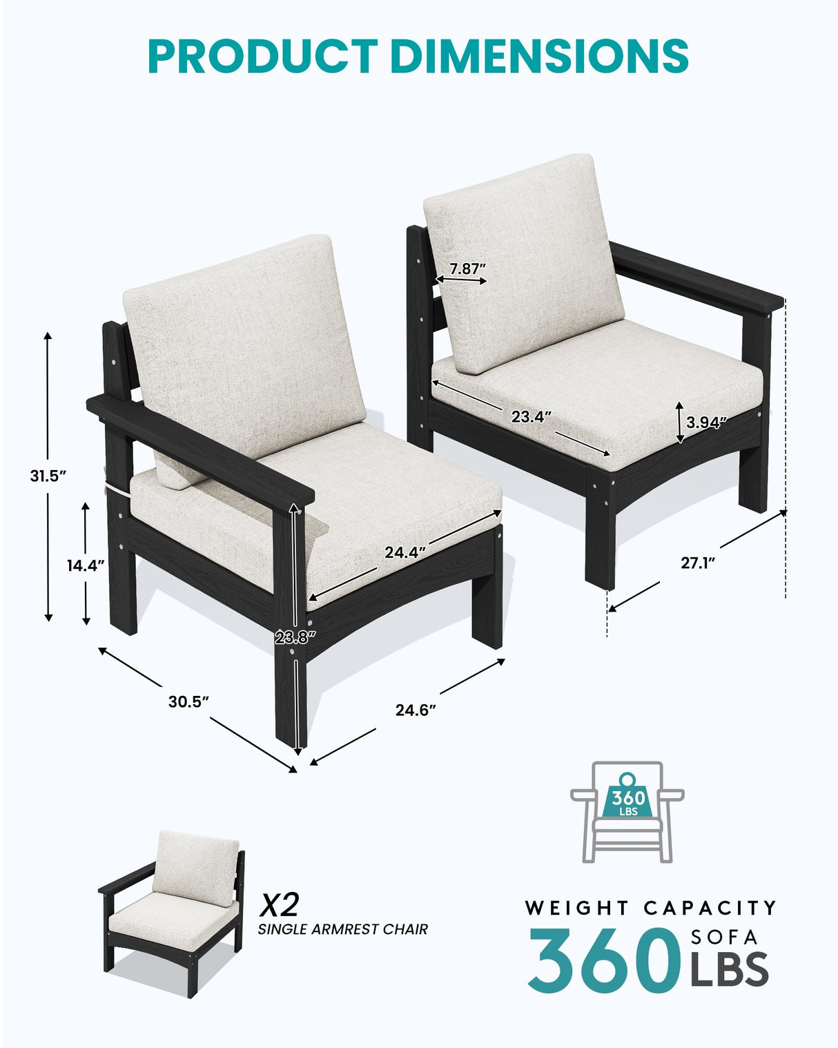 SERWALL HDPE Patio Loveseat Sofa, 2 Pieces Single Sofa, Weather-Resistant Outdoor Furniture Chair with Thick Removable Cushion, Balcony, Garden, Backyard, Poolside, Black Frame with Khaki Cushion SERWALL
