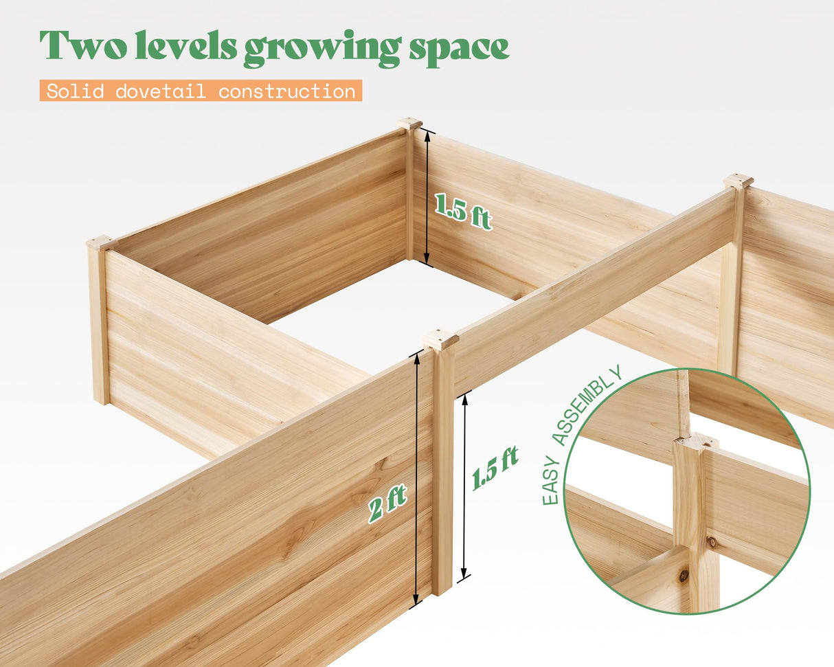 AMERLIFE 12x12x2 FT Wooden Raised Garden Bed, H-Shaped Planter Box with Double-Layer Design, 180 Cu. Ft Capacity for Outdoor Patio & Backyard AMERLIFE