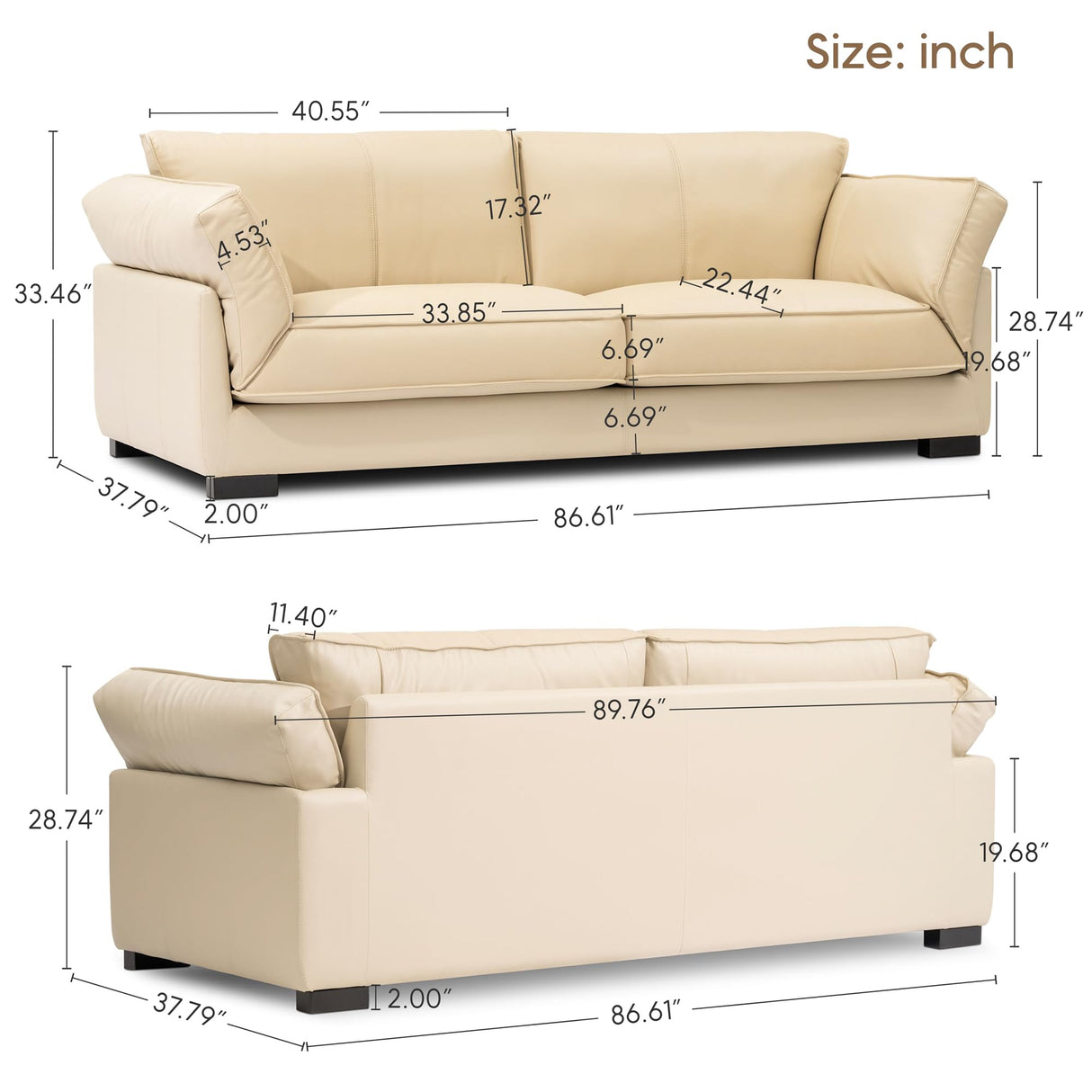 Olodumare 87’’ Genuine Leather Sofa for Living Room, Luxurious Top-Grain Leather Comfy Couch with Overstuffed Cushions, Mid-Century Modern Feather Filled Cushions Furniture, Cream Beige Olodumare