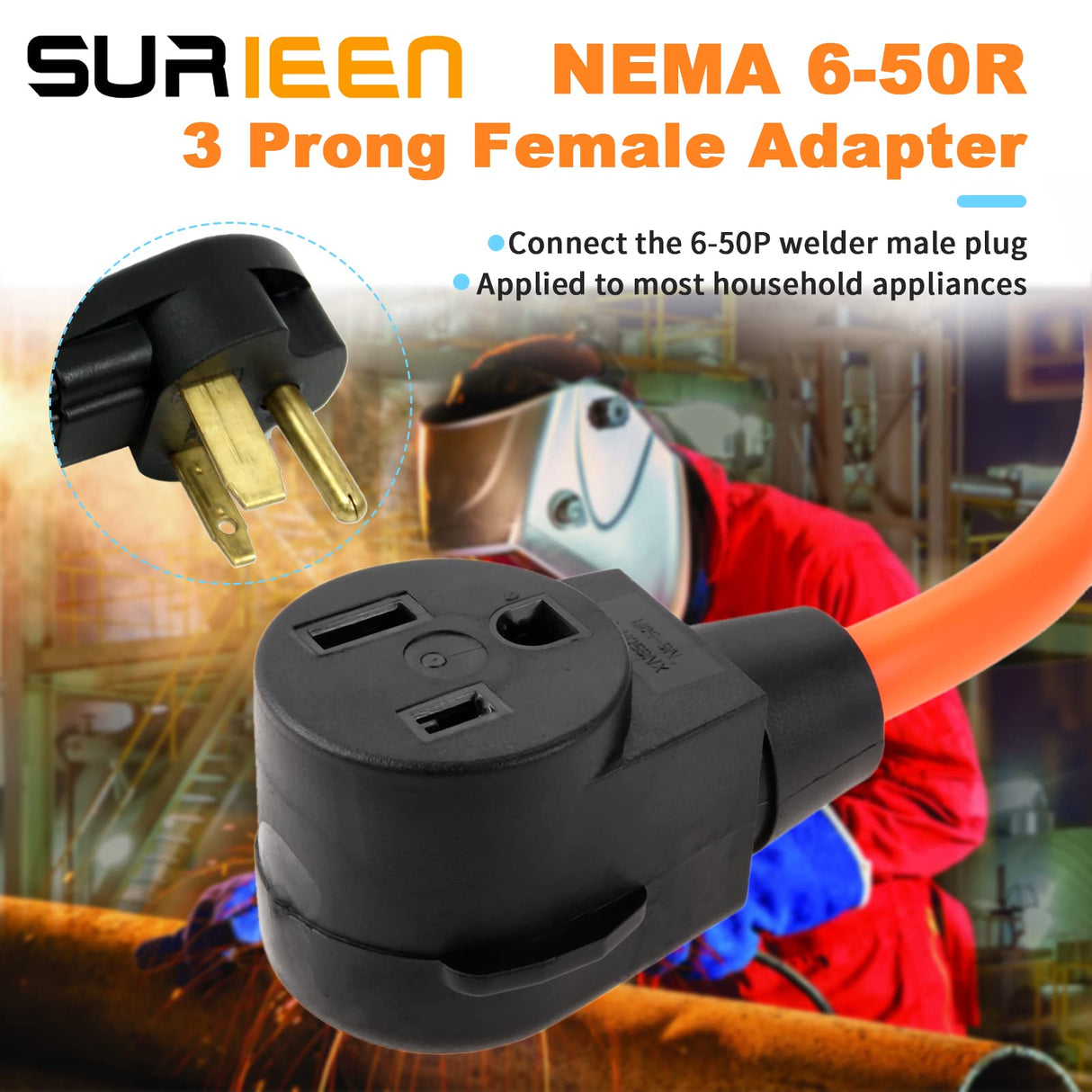 NEMA L6-30P to 6-50R Adaptor Welder Dryer EV Charger Power Cord Adapter Connector, 30Amp to 50Amp Heavy Duty Adapter STW 10AWG 250V 1.5FT SURIEEN