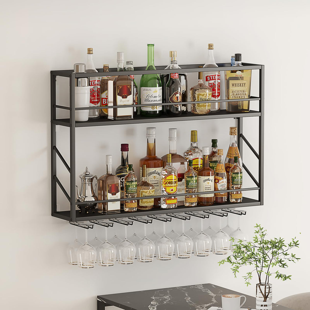 Woskar Wall Mounted Wine Rack 2 Tier, Metal Bar Liquor Shelves and Glass Holder,Wall Bar Shelf Wine Display Storage Holder for Home Bar, Dining Room, Kitchen(31.4×7.8×26in) Woskar