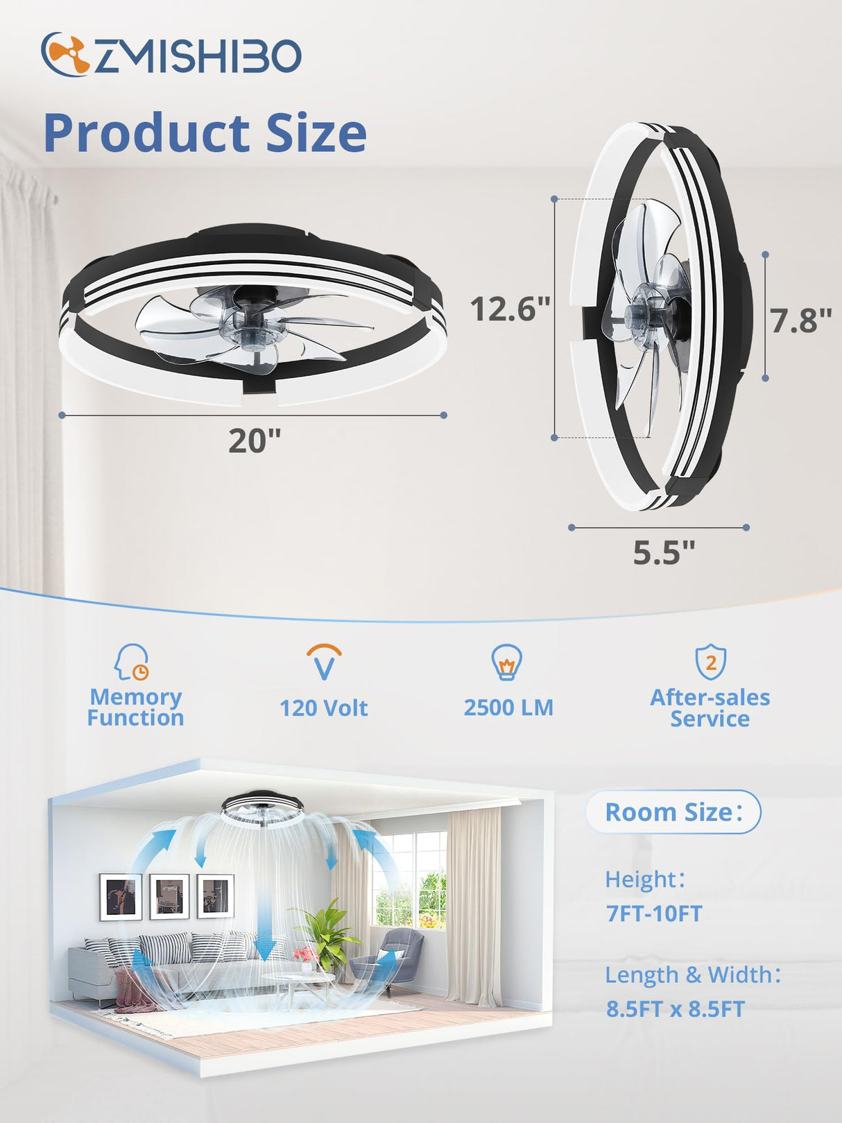 ZMISHIBO Low Profile Ceiling Fans with Lights and Remote, 20 Inch Flush Mount Ceiling Fan with Light, 3000K-6000K Dimmable Fandelier LED Fan Light, 6 Wind Speeds Black Ceiling Fans for Bedroom ZMISHIBO