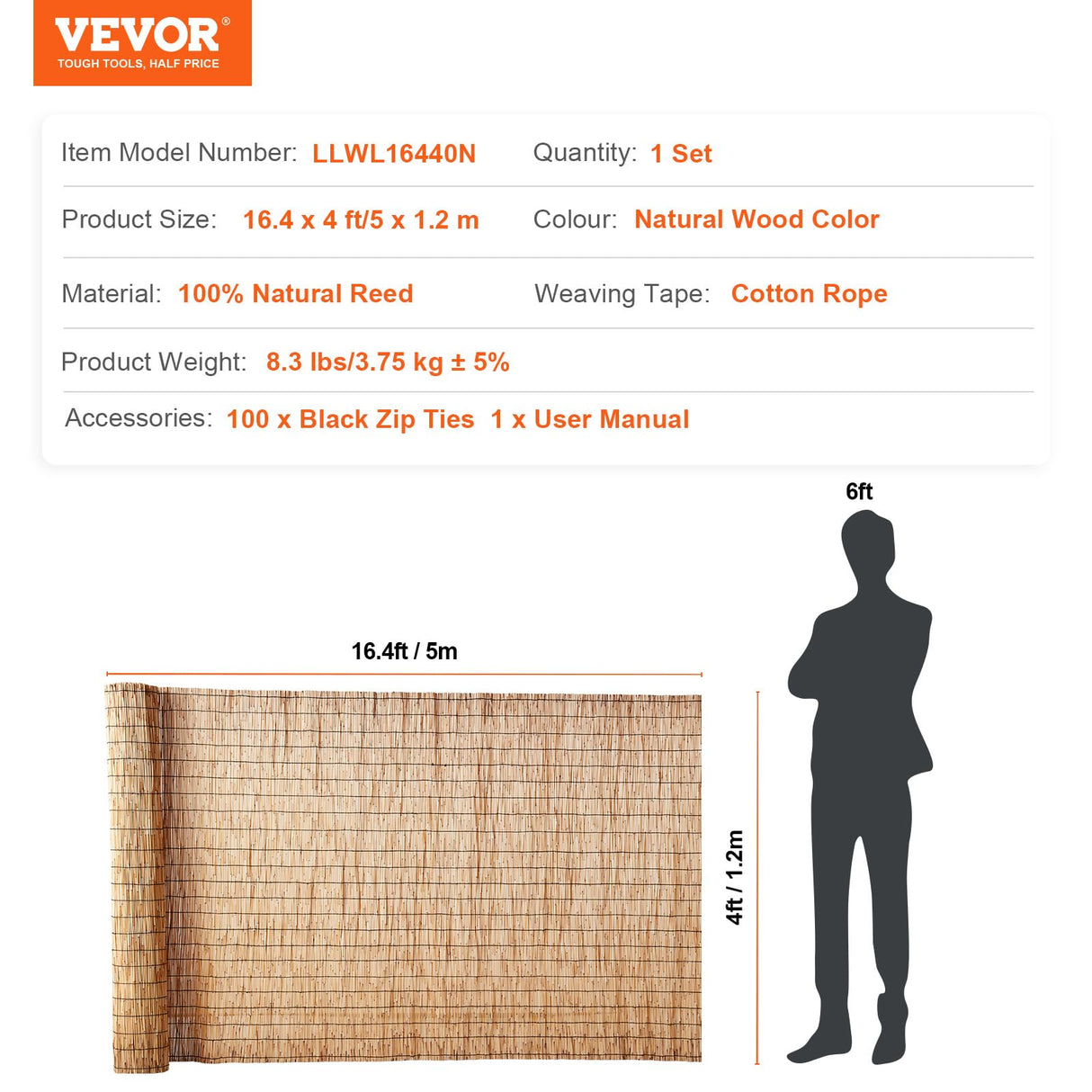 VEVOR Natural Reed Fencing, 4 ft x 16.4 ft, Reed Screen Curtain Balcony Reed Fence Roll for Outdoor Backyard Patio, Decorative Fence for Backyard Garden Fencing Divider, Privacy Screen Panel, Natural VEVOR